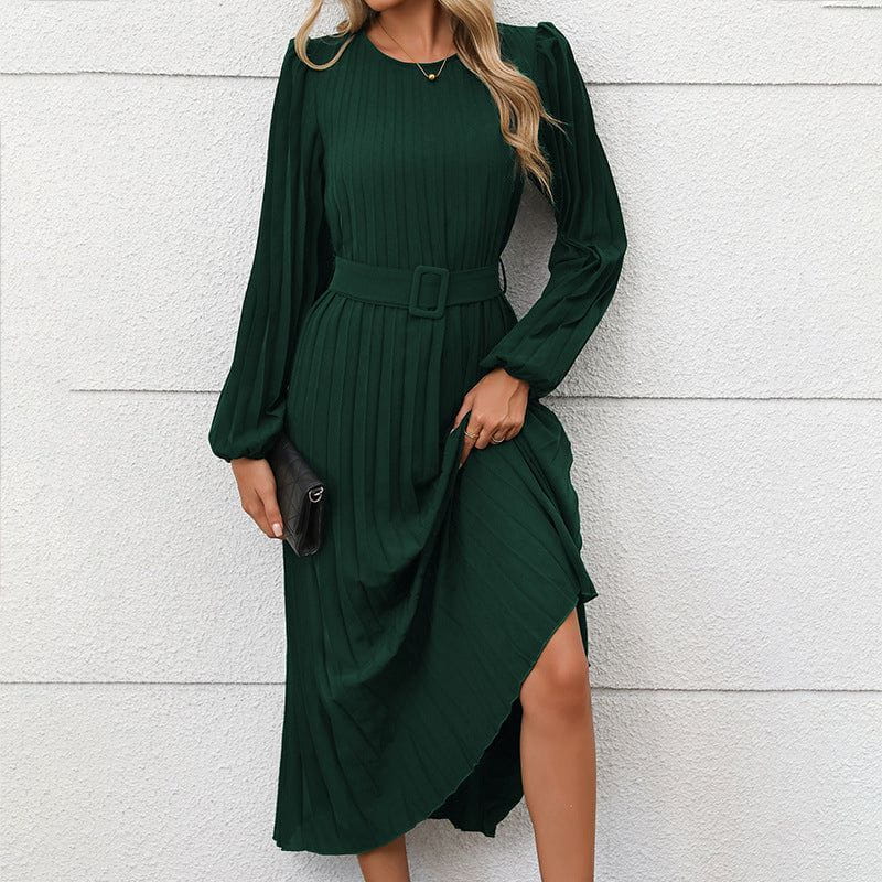 Lavinque Dress Robe Plissée Midi Verte | Manches Longues | Élégance Ceinturée
