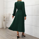 Lavinque Dress Robe Plissée Midi Verte | Manches Longues | Élégance Ceinturée