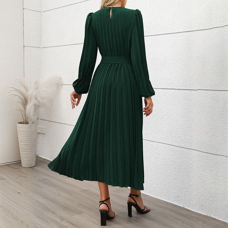 Lavinque Dress Robe Plissée Midi Verte | Manches Longues | Élégance Ceinturée