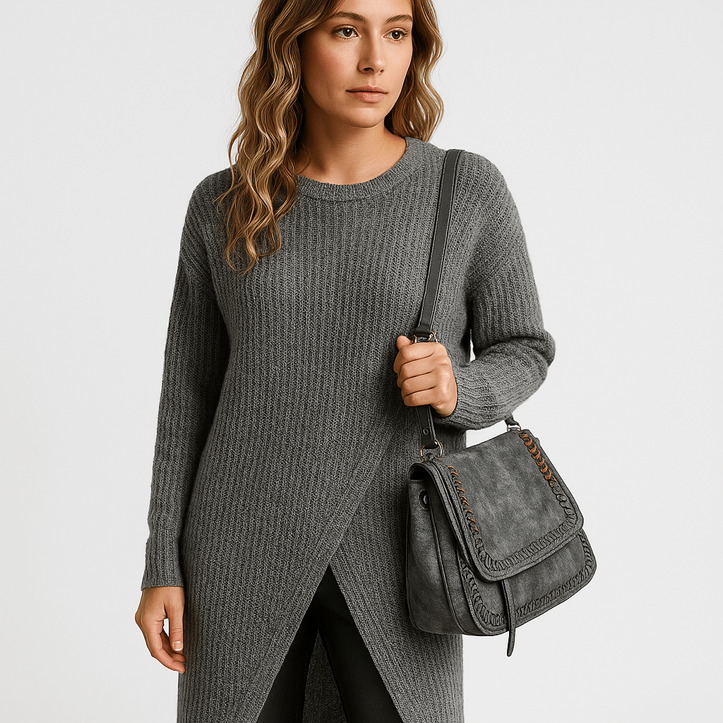 Lavinque Dress Robe Pull Grise | Coupe Croisée | Style Confort Automnal