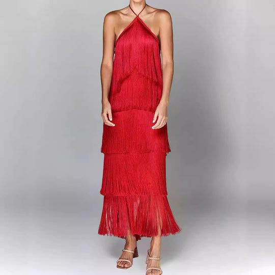 Lavinque Dress Robe Rouge à Franges | Dos Nu | Look Festif et Glamour