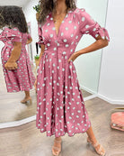 Lavinque Dress Rose / M Robe Midi à Pois | Boutonnée et Cintrée | Élégance Rétro et Féminine