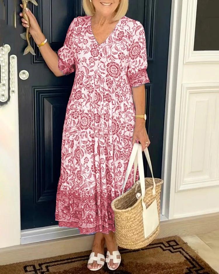 Lavinque Dress Rose / S Robe Bohème à Imprimé Fleuri | Mi-Longue et Fluide | Élégance Décontractée
