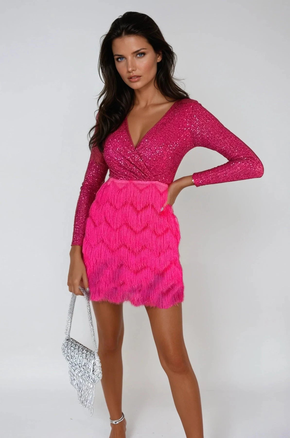 Lavinque Dress Rose / S Robe Courte à Volants & Paillettes | Manches Longues | Glamour et Structurée