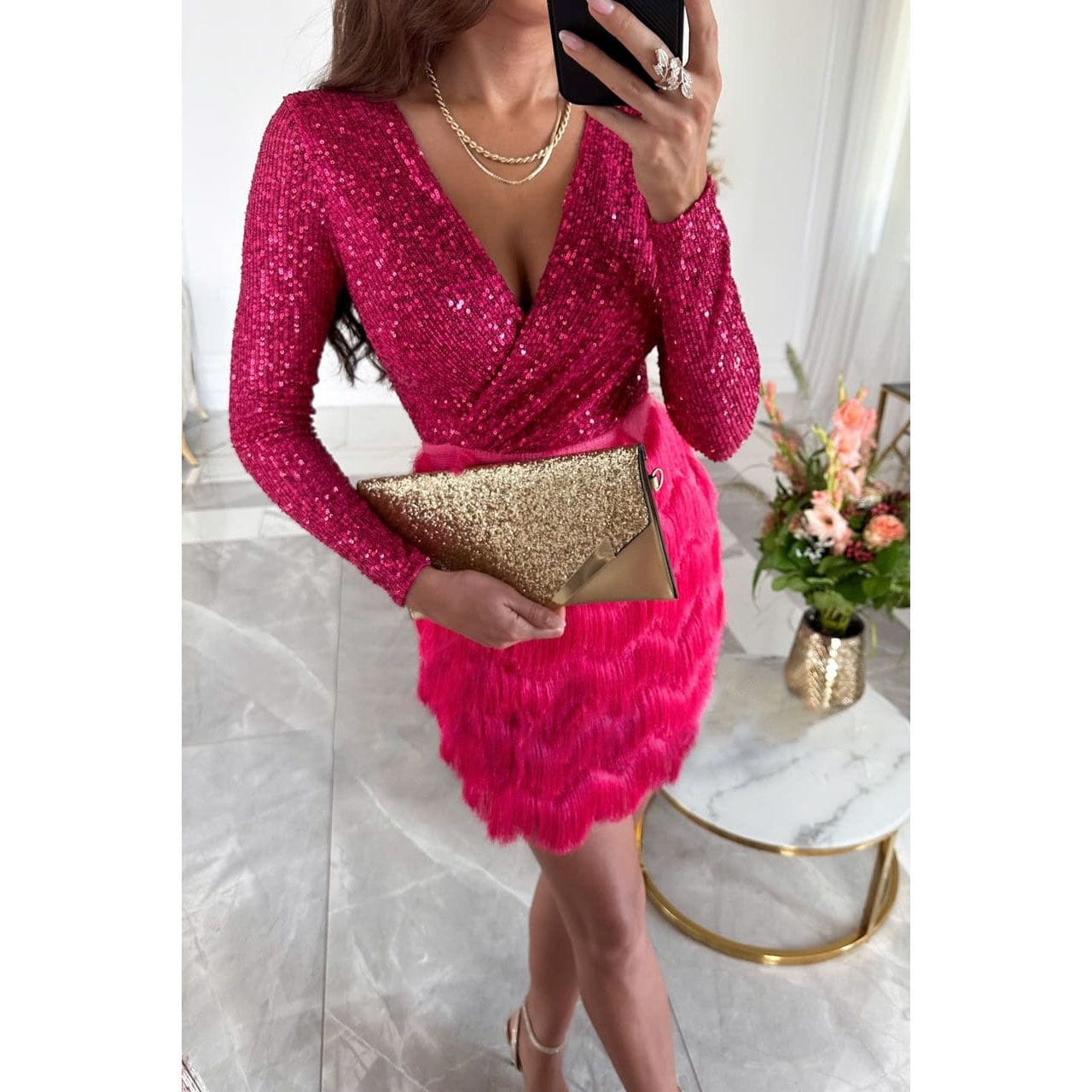 Lavinque Dress Rose / S Robe de Soirée Femme | Élégance & Paillettes | Look Chic et Glamour
