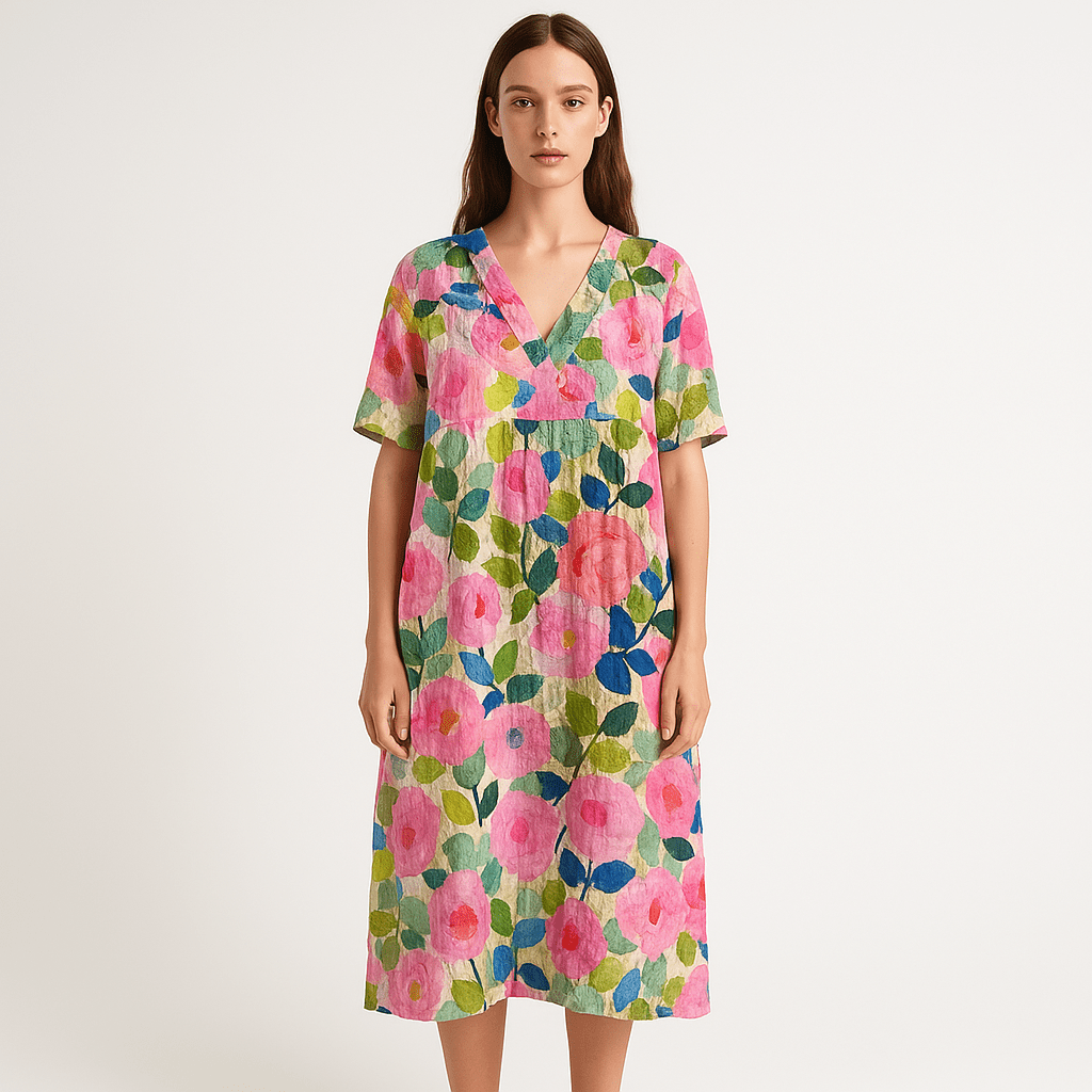 Lavinque Dress Rose / S Robe Florale Midi | Coton Léger | Imprimé Estival Coloré