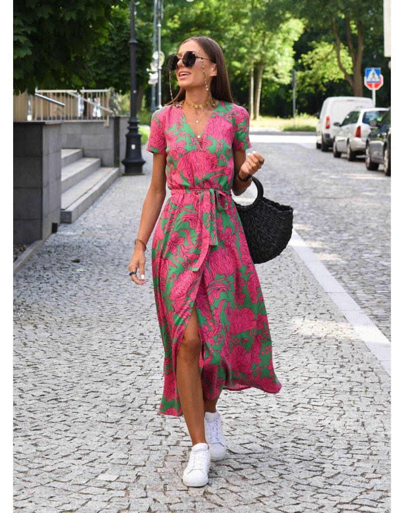 Lavinque Dress Rose / S Robe Longue Portefeuille Fleurie | Élégance & Légèreté | Parfaite pour l'Été