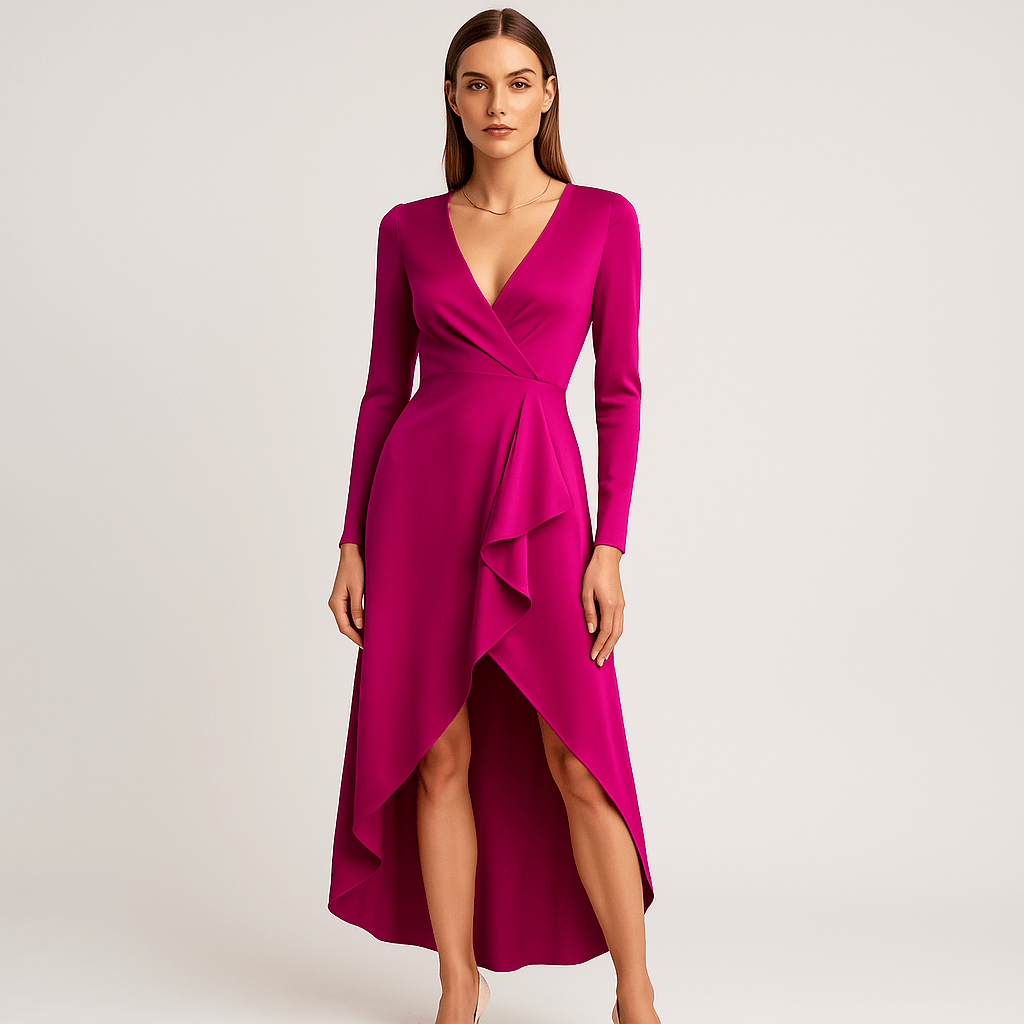 Lavinque Dress Rose / S Robe Noire Élégante | Décolleté Cache-Cœur | Mi-Longue Asymétrique