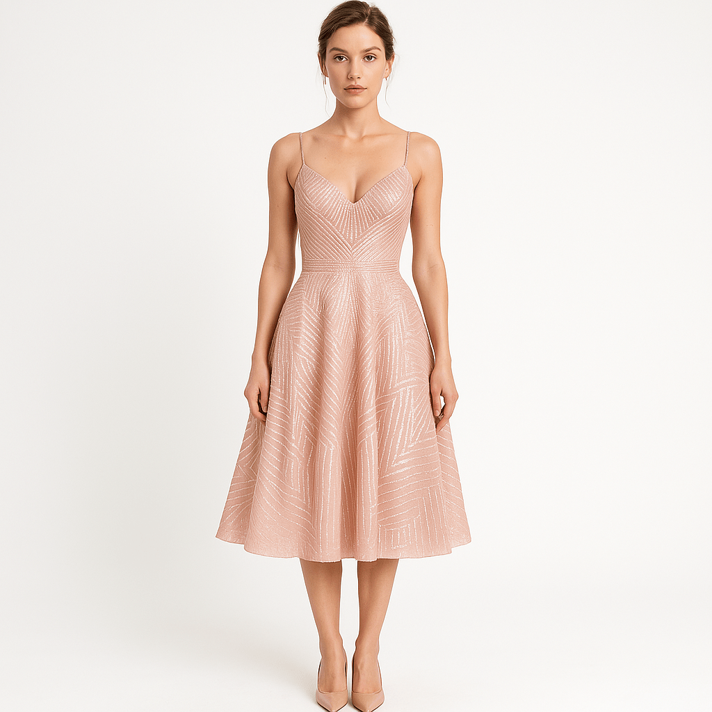 Lavinque Dress Rose / XS Robe Rose Poudré | Fines Bretelles & Décolleté Cœur | Élégance Féminine Mi-Longue