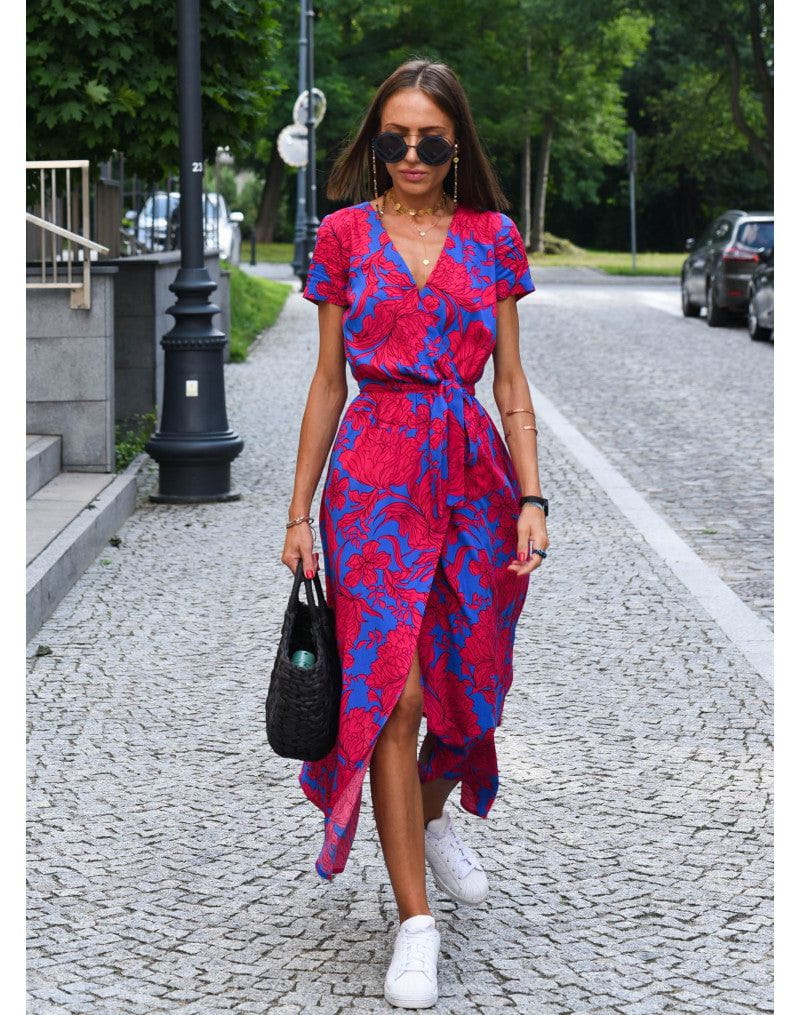 Lavinque Dress Rouge et bleu / S Robe Longue Portefeuille Fleurie | Élégance & Légèreté | Parfaite pour l'Été
