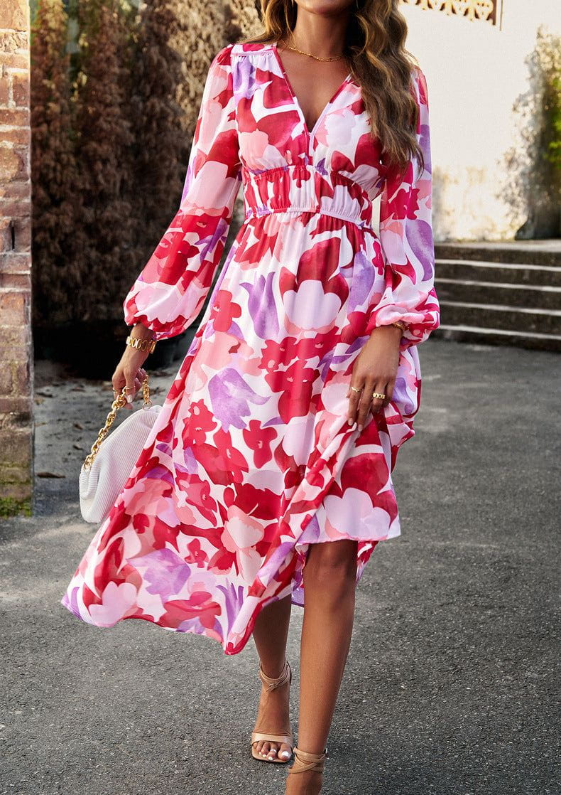 Lavinque Dress Rouge & Pourpre / S Robe Midi Fluide | Imprimé Bleu Tropical | Fraîche et Élégante