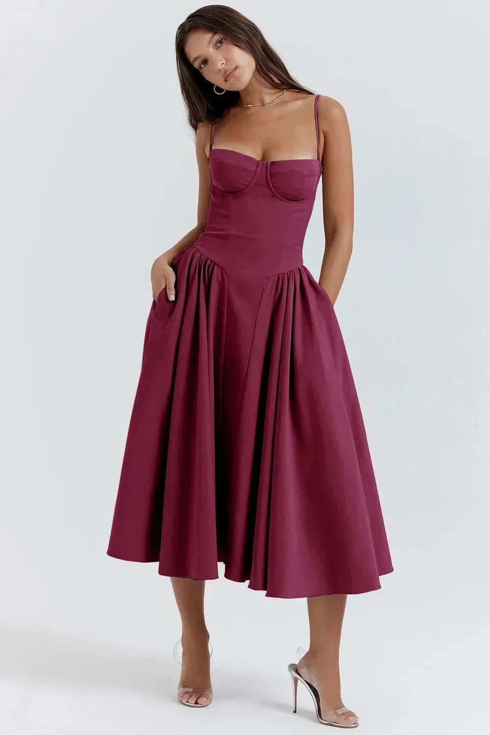 Lavinque Dress Rouge prune / S Robe Bustier Évasée | Élégance Vintage | Structurée et Féminine