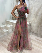 Lavinque Dress Rouge / S Robe de Soirée Fluide | Une Épaule | Tulle Imprimé Romantique