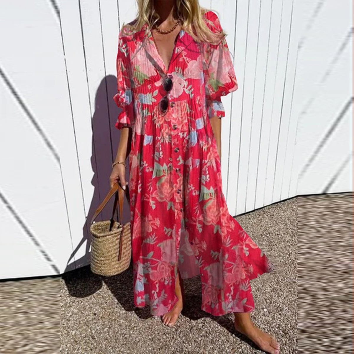 Lavinque Dress Rouge / S Robe Longue Fluide | Imprimé Coloré | Élégance Bohème