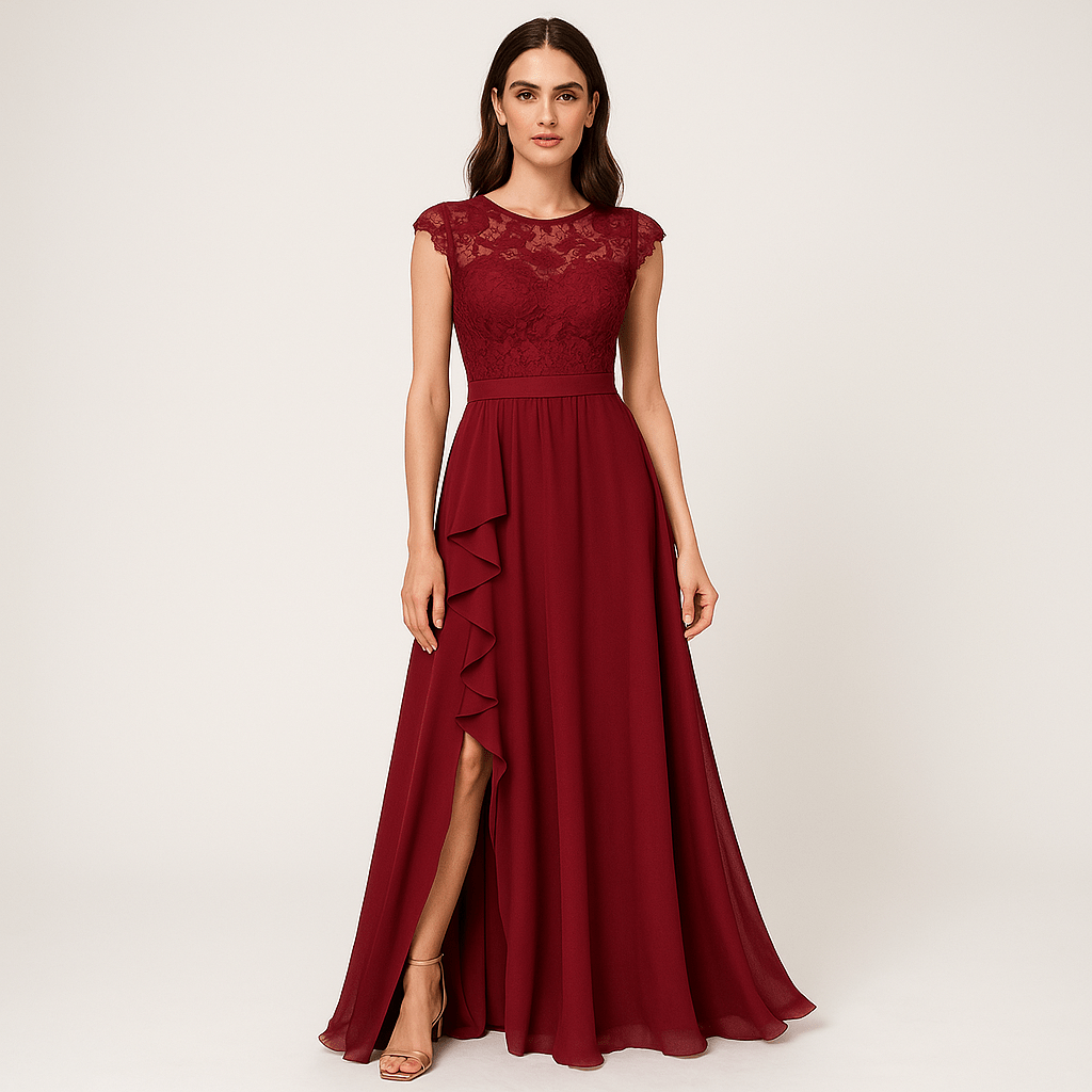 Lavinque Dress Rouge / S Robe Longue Noire avec Dentelle | Événement Élégant | Fente Asymétrique & Fluidité
