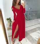 Lavinque Dress Rouge / S Robe Longue Rose Poudré | Décolleté Cache-Cœur & Fente Élégante | Romantique et Fluide