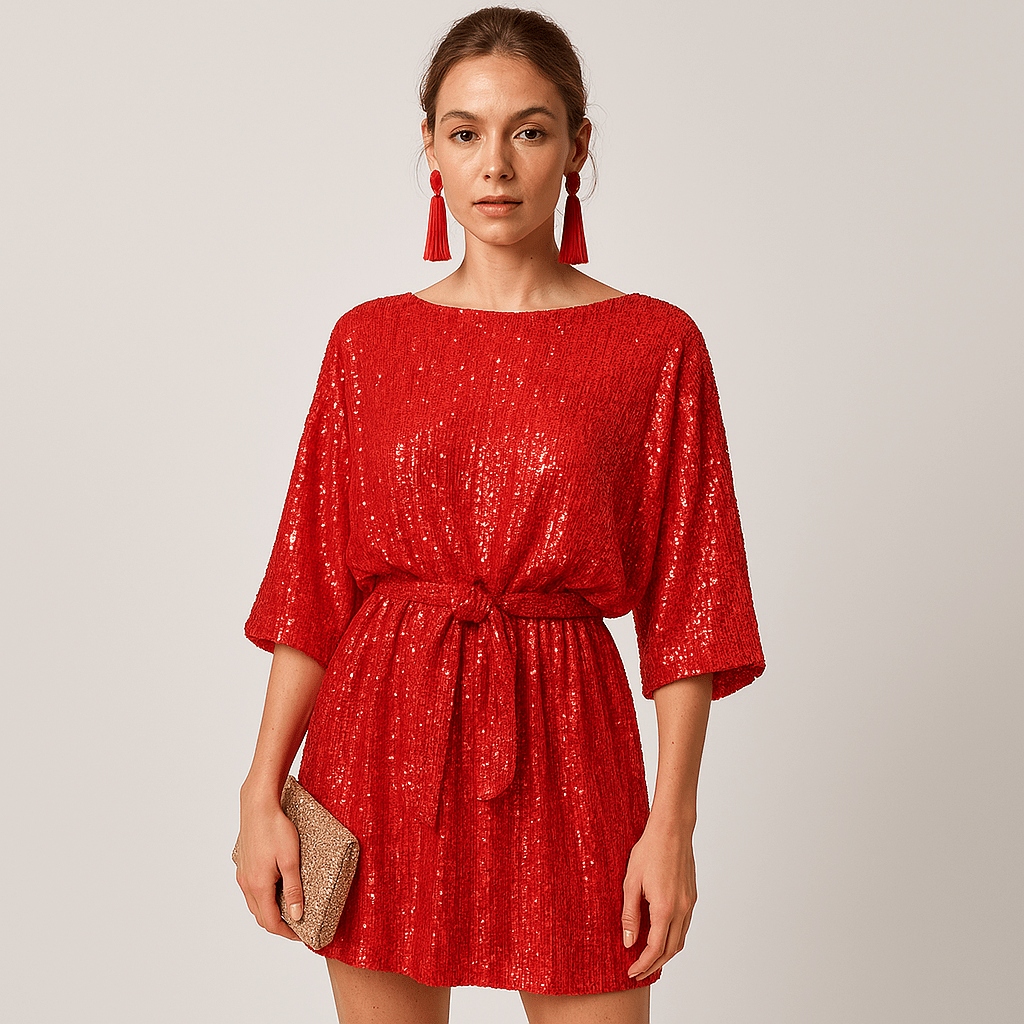 Lavinque Dress Rouge / S Robe Noire à Sequins Fluide | Ceinturée | Chic & Confortable