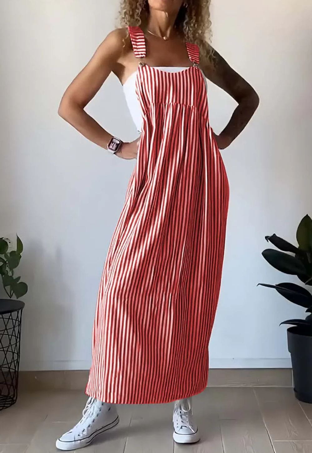 Lavinque Dress Rouge / S Robe Salopette Longue | Rayée et Décontractée | Style Bohème Chic