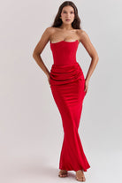Lavinque Dress Rouge / XS Robe Longue Satinée Noire | Bustier Drapé | Élégance Sensuelle