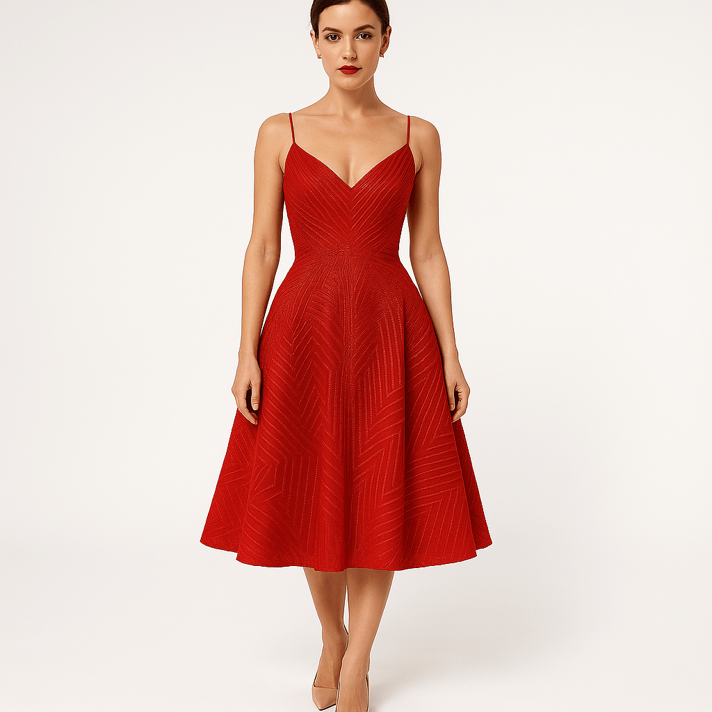 Lavinque Dress Rouge / XS Robe Rose Poudré | Fines Bretelles & Décolleté Cœur | Élégance Féminine Mi-Longue