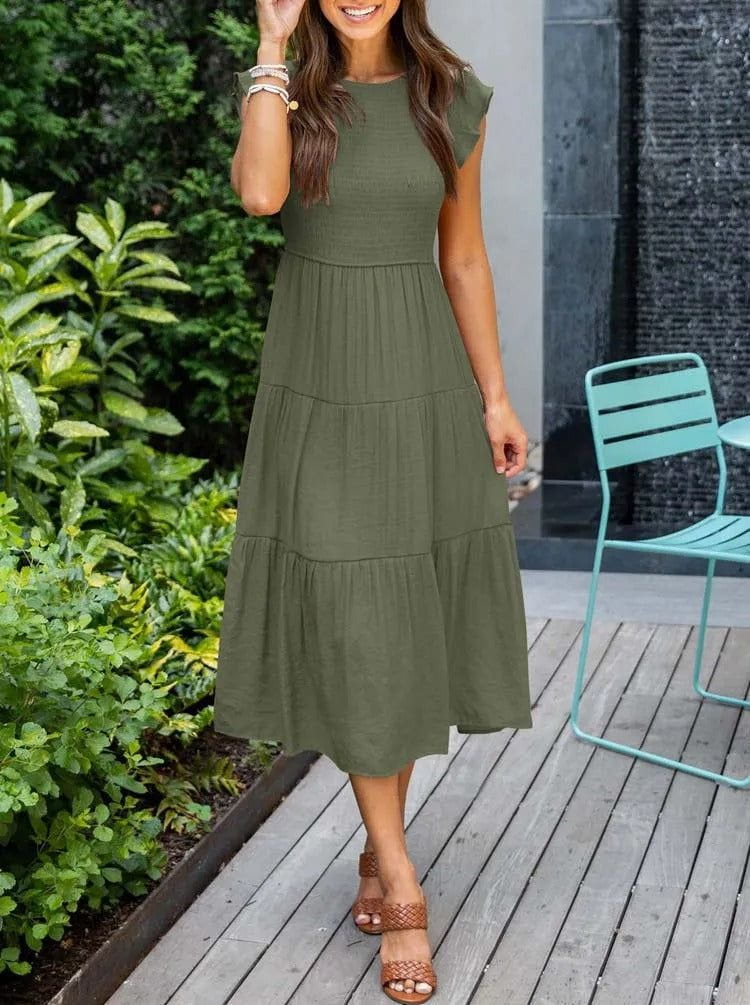 Lavinque Dress Vert Armée / S Robe Longue Bohème Smockée | Romantique | Fluide et Confortable