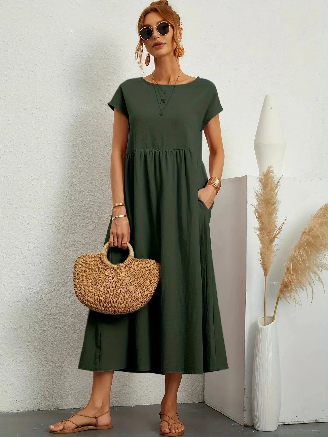 Lavinque Dress Vert armée / S Robe Longue | Coupe Ample | Élégance Décontractée