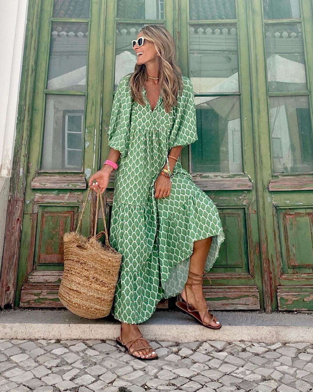 Lavinque Dress Vert-Blanc / S Robe Longue Bohème | Fluide | Imprimé Vintage et Élégant