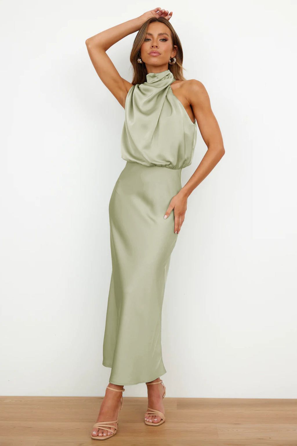 Lavinque Dress Vert clair / S Robe Longue Satinée | Vert Sauge | Col Drapé Élégant