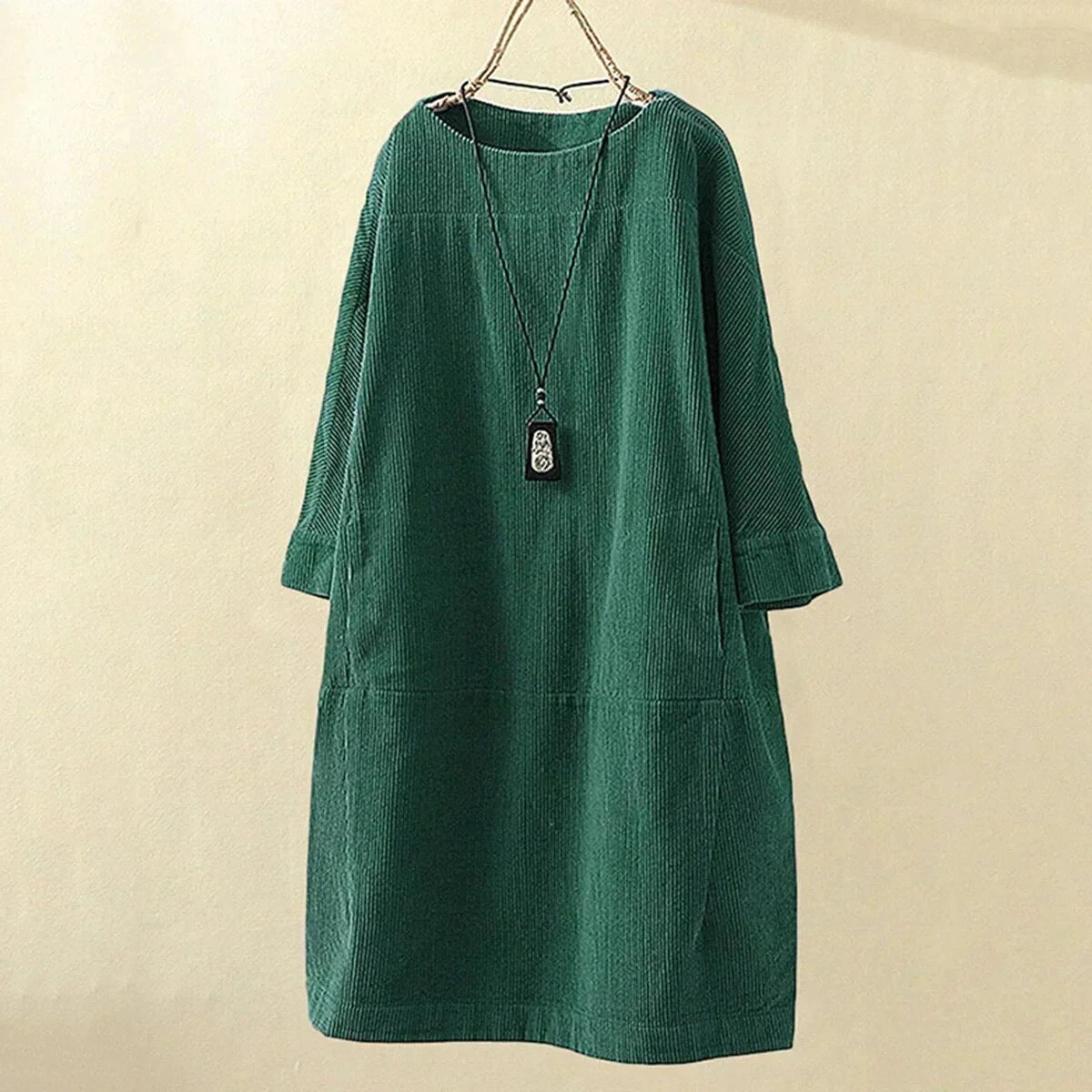 Lavinque Dress Vert foncé / M Robe Ample en Velours Côtelé | Style Bohème | Chaleur et Élégance Décontractée