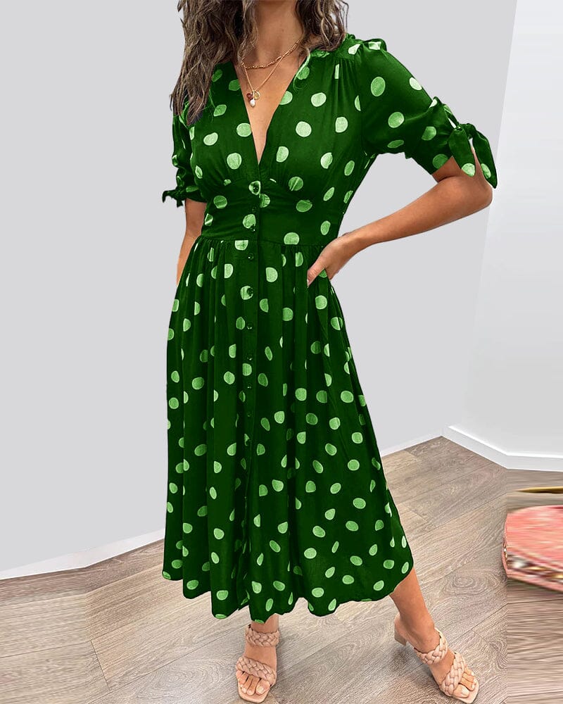Lavinque Dress Vert / M Robe Midi à Pois | Boutonnée et Cintrée | Élégance Rétro et Féminine