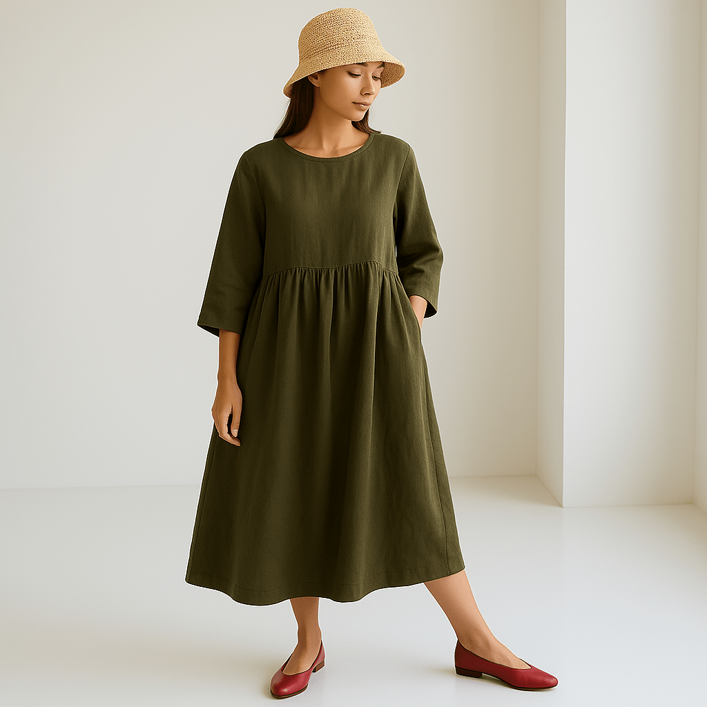 Lavinque Dress Vert olive / S Robe Longue en Lin | Élégance Minimaliste | Légère & Confortable