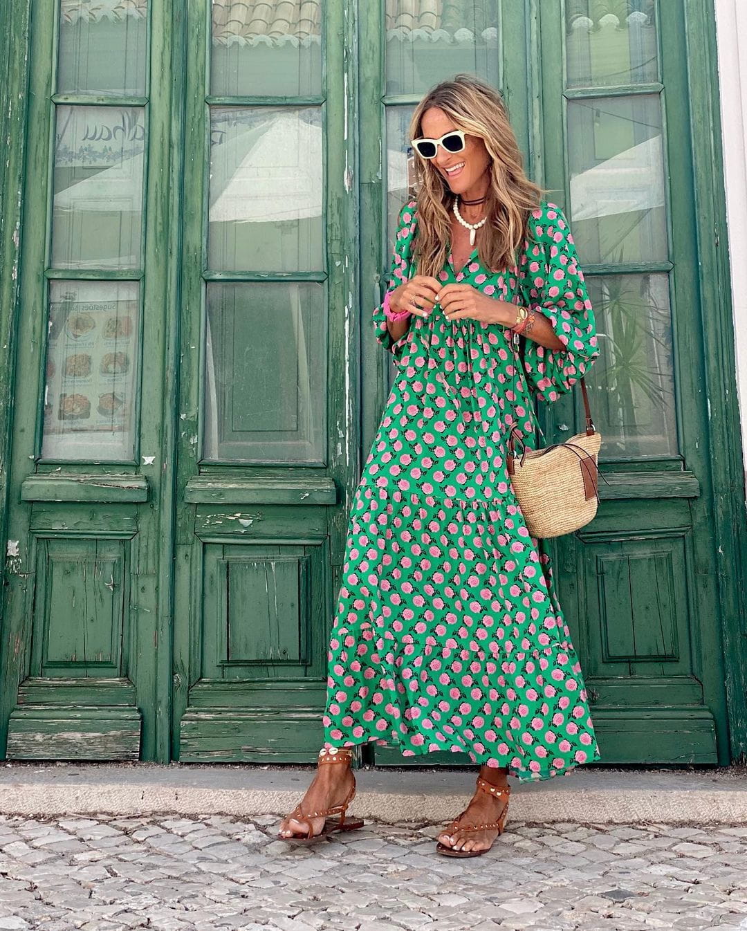 Lavinque Dress Vert-Rose / S Robe Longue Bohème | Fluide | Imprimé Vintage et Élégant