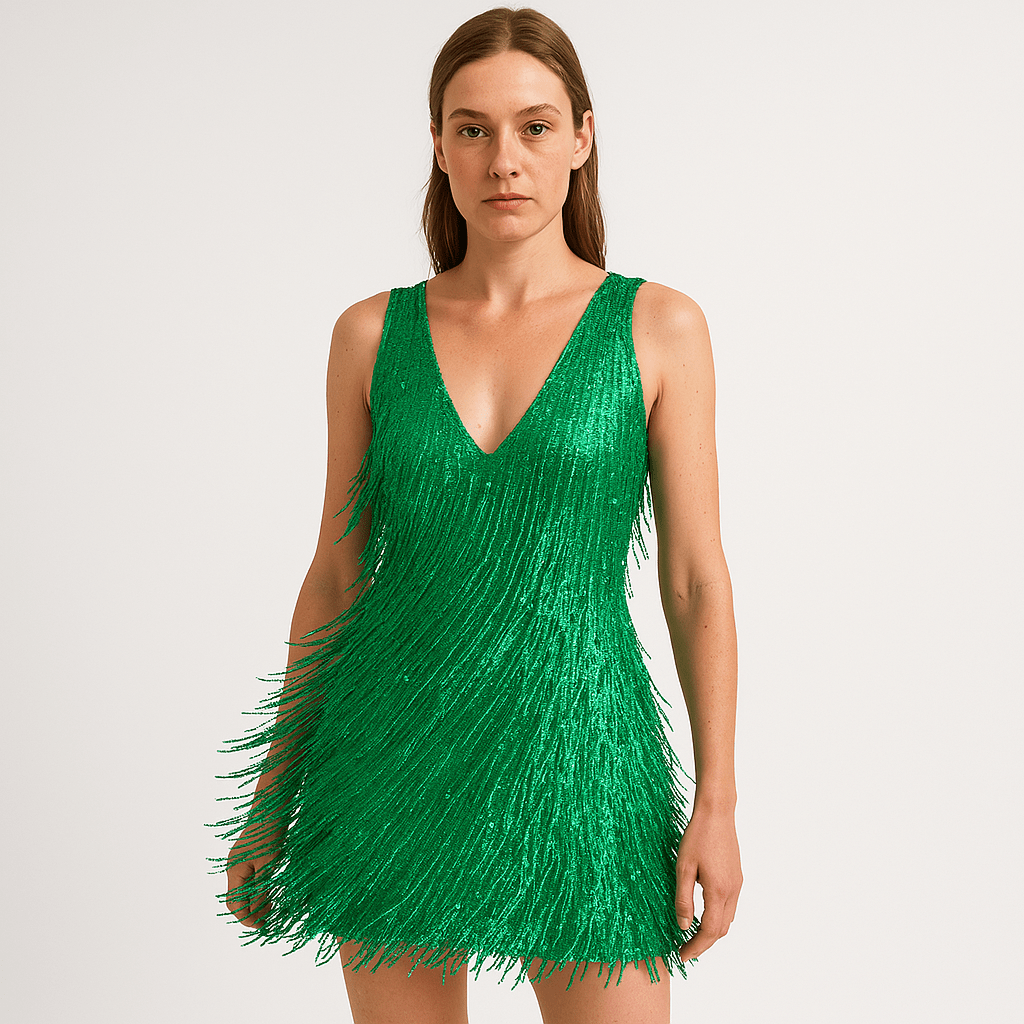 Lavinque Dress Vert / S Robe Blanche à Franges & Sequins | Coupe Ajustée | Glamour & Festive