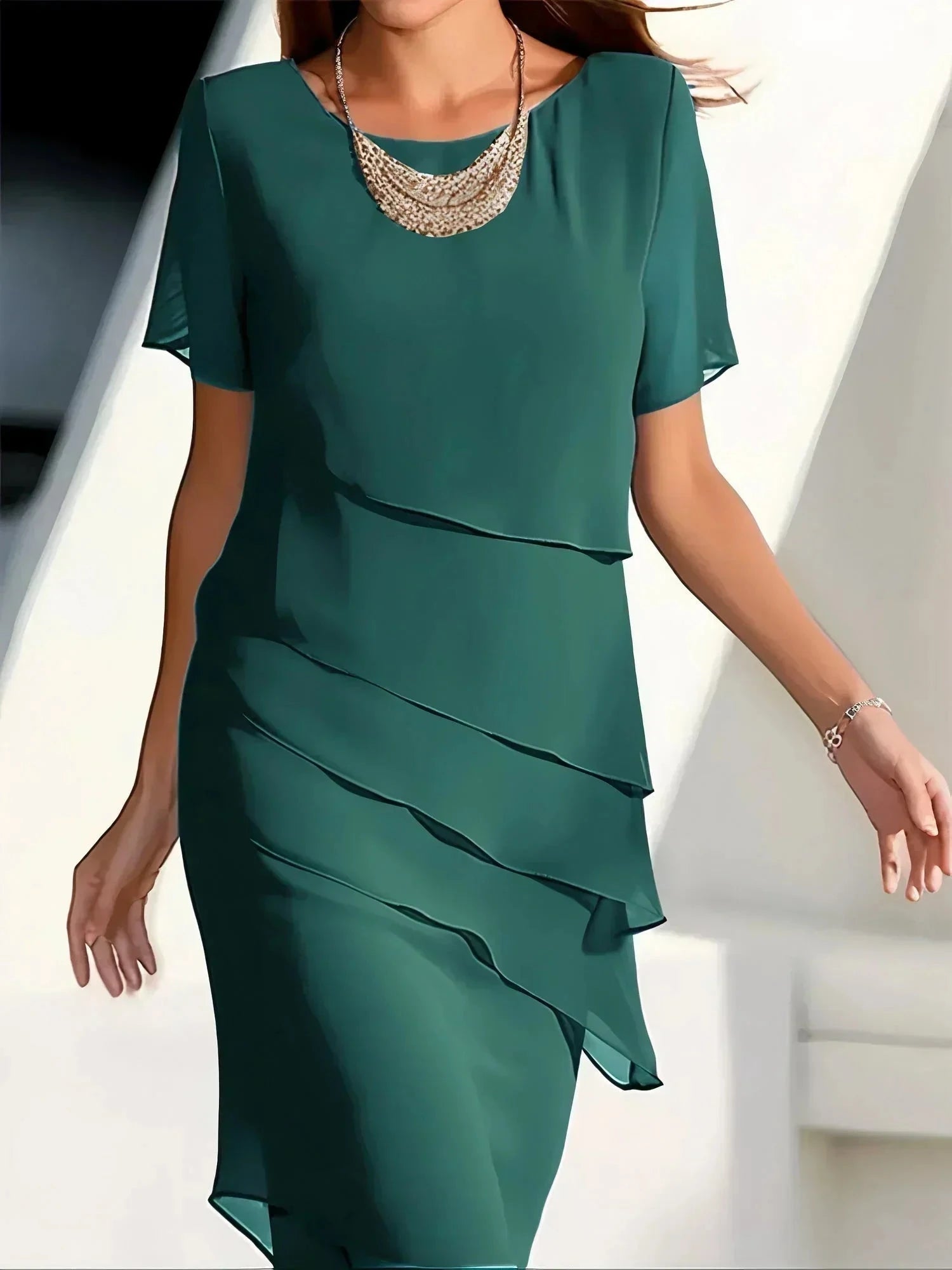 Lavinque Dress Vert / S Robe Bleue à Étages | Coupe Droite & Fluide | Élégance Asymétrique