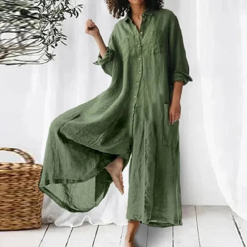 Lavinque Dress Vert / S Robe Chemise Longue en Lin | Décontractée | Fluide et Élégante