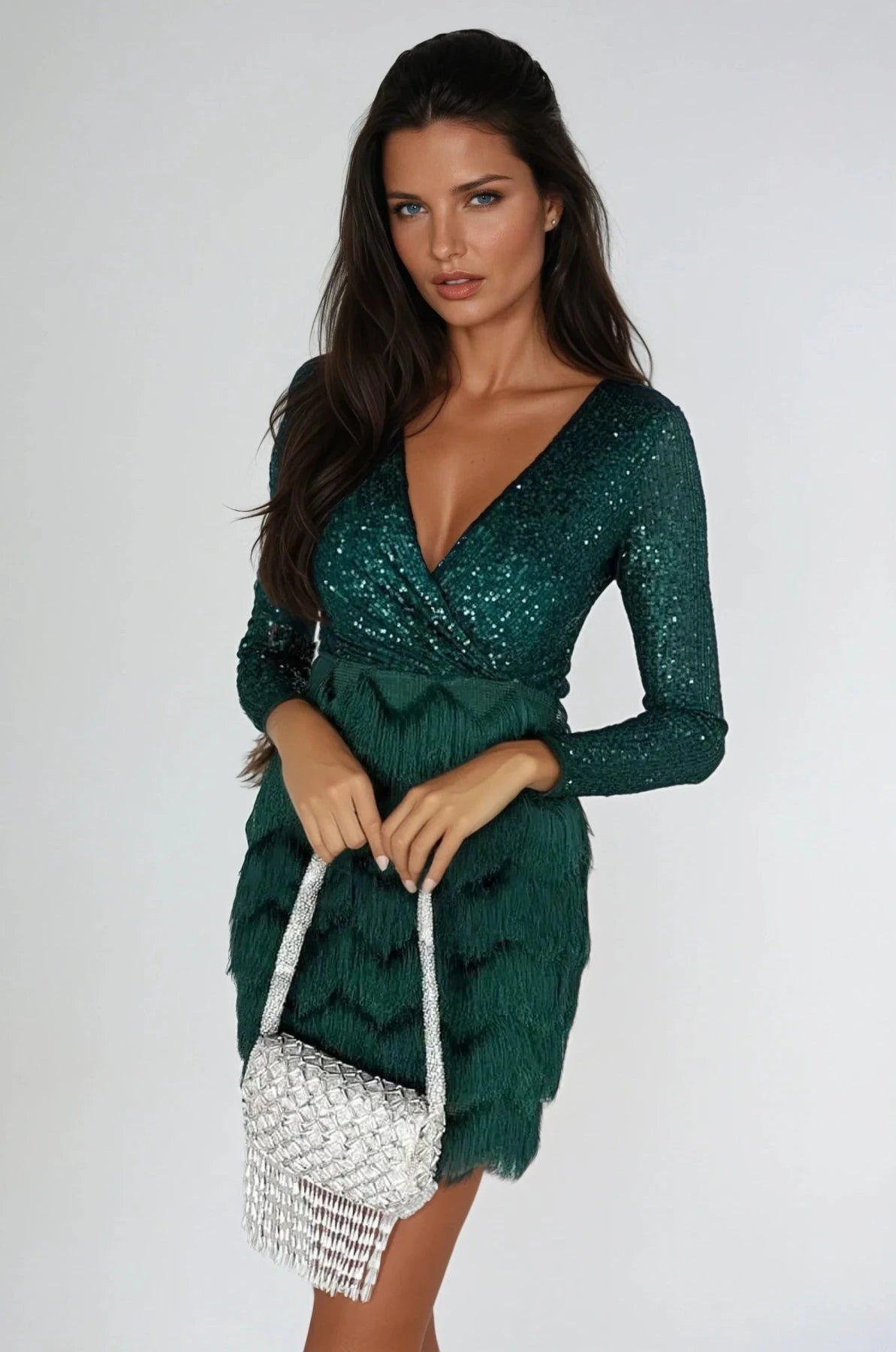 Lavinque Dress Vert / S Robe Courte à Volants & Paillettes | Manches Longues | Glamour et Structurée