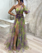 Lavinque Dress Vert / S Robe de Soirée Fluide | Une Épaule | Tulle Imprimé Romantique