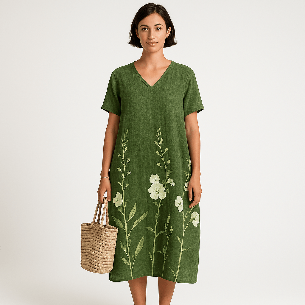 Lavinque Dress Vert / S Robe Florale Midi | Coton Léger | Imprimé Estival Coloré