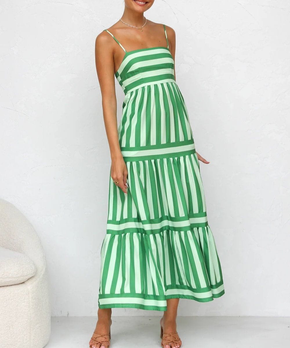 Lavinque Dress Vert / S Robe Longue à Bretelles Rayée | Bohème | Légère et Élégante