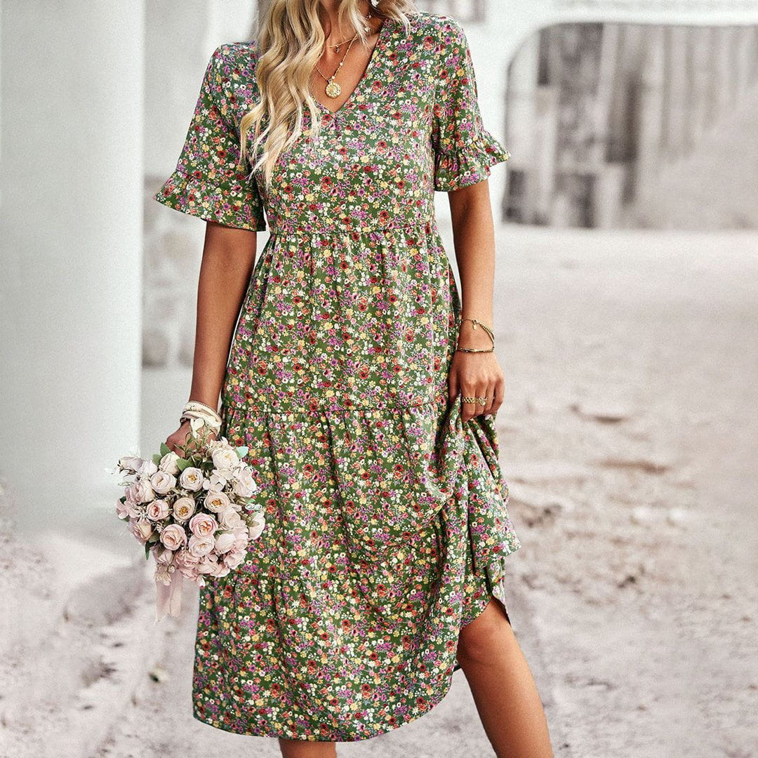 Lavinque Dress Vert / S Robe Longue Bohème | Fleurie et Fluide | Élégante et Décontractée