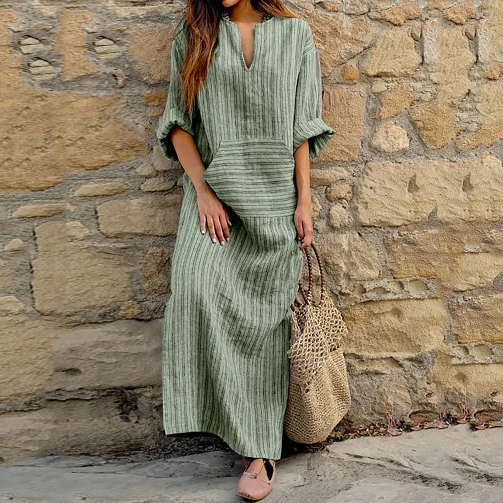 Lavinque Dress Vert / S Robe Longue Rayée | Style Bohème | Confort et Élégance