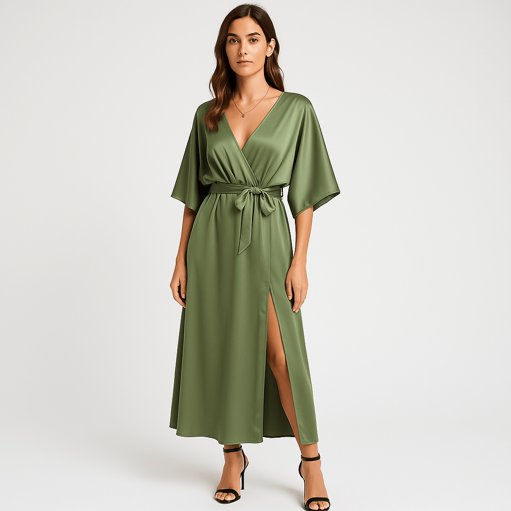 Lavinque Dress Vert / S Robe Longue Satinée Champagne | Taille Froncée | Élégance Fluide
