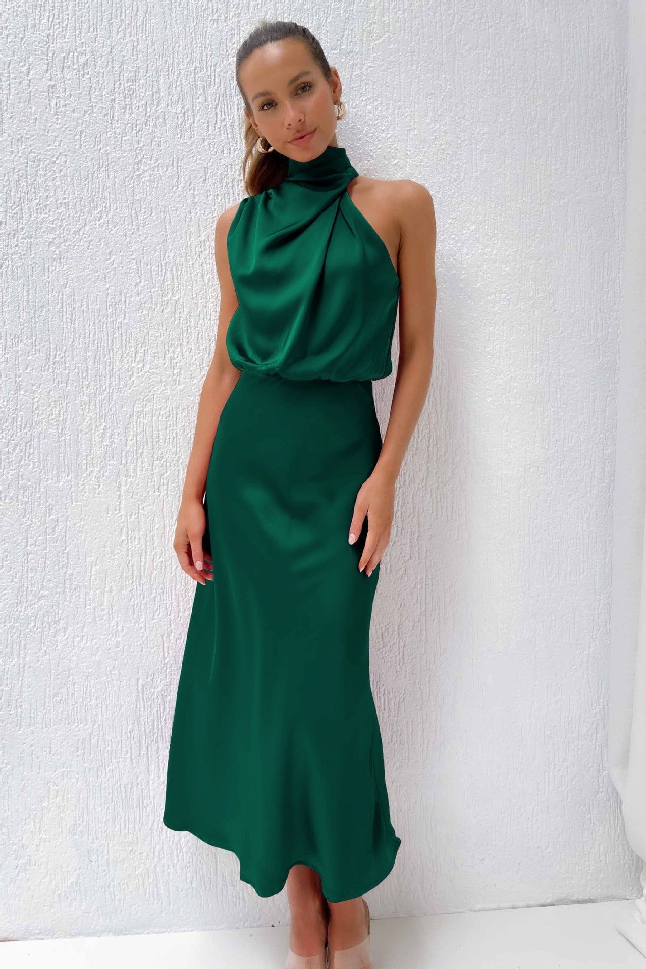 Lavinque Dress Vert / S Robe Longue Satinée | Vert Sauge | Col Drapé Élégant