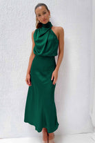Lavinque Dress Vert / S Robe Longue Satinée | Vert Sauge | Col Drapé Élégant