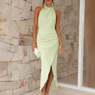 Lavinque Dress Vert / S Robe Longue Verte | Col Noué & Jupe Portefeuille | Élégance Légère