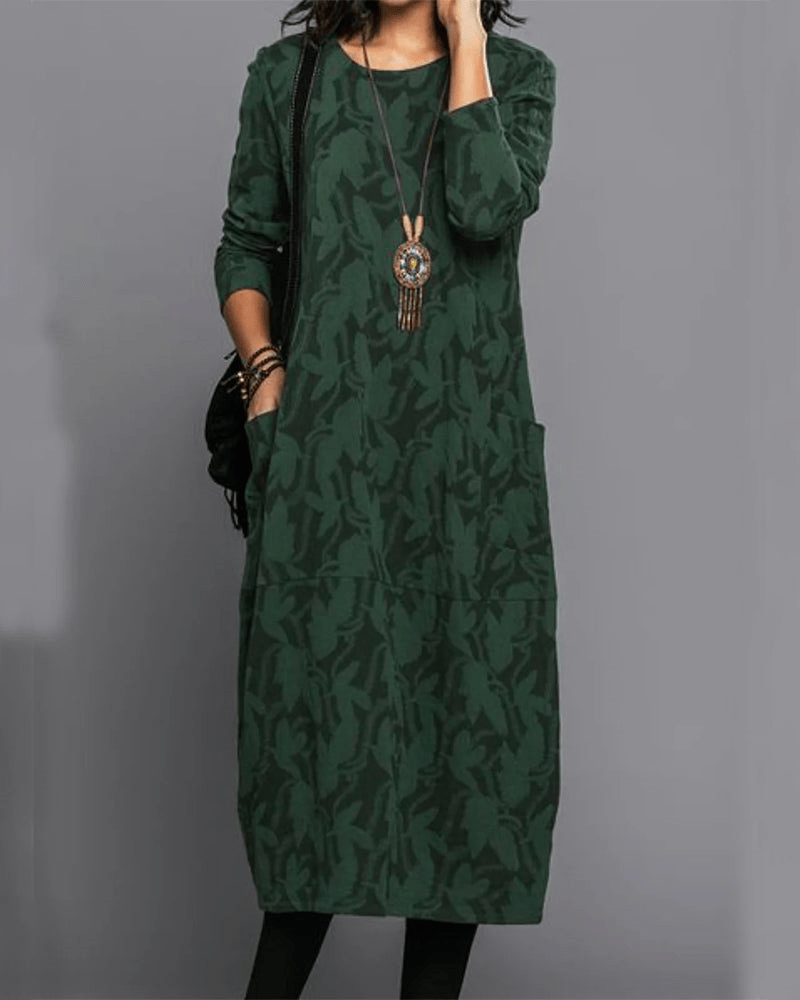 Lavinque Dress Vert / S Robe Midi Ample à Motif | Manches Longues | Élégance Décontractée