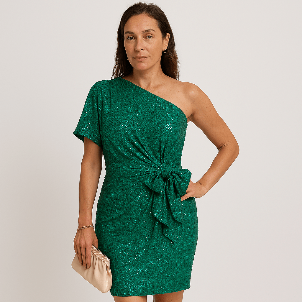 Lavinque Dress Vert / S Robe Noire Asymétrique à Sequins | Épaule Dénudée | Drapée & Glamour