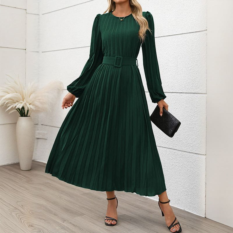 Lavinque Dress Vert / S Robe Plissée Midi Verte | Manches Longues | Élégance Ceinturée
