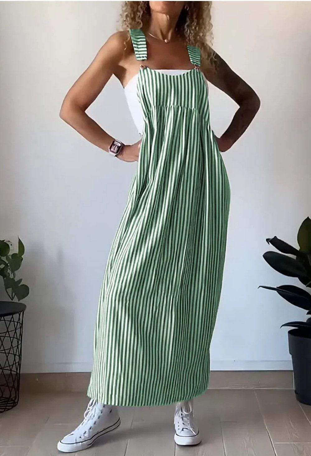 Lavinque Dress Vert / S Robe Salopette Longue | Rayée et Décontractée | Style Bohème Chic