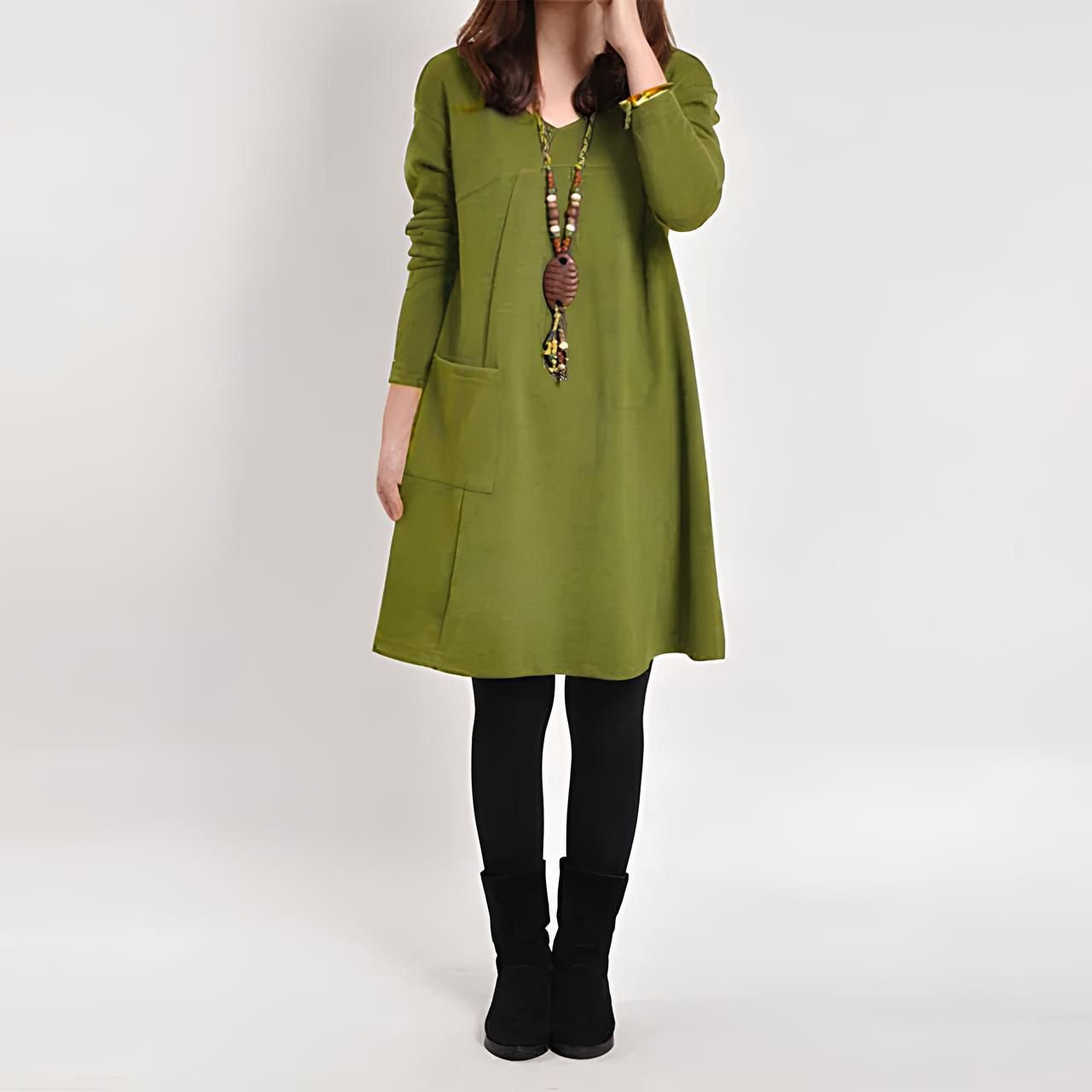 Lavinque Dress Vert / S Robe Trapèze Grise | Manches Longues | Confort et Simplicité Chic